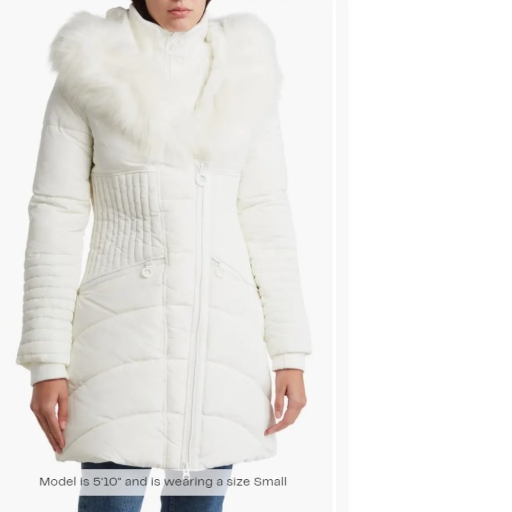 NWT Winter Faux Fur-Trimmed Vegan Leather Hooded Parka White Puffer Jacket Coat - Picture 2 of 10